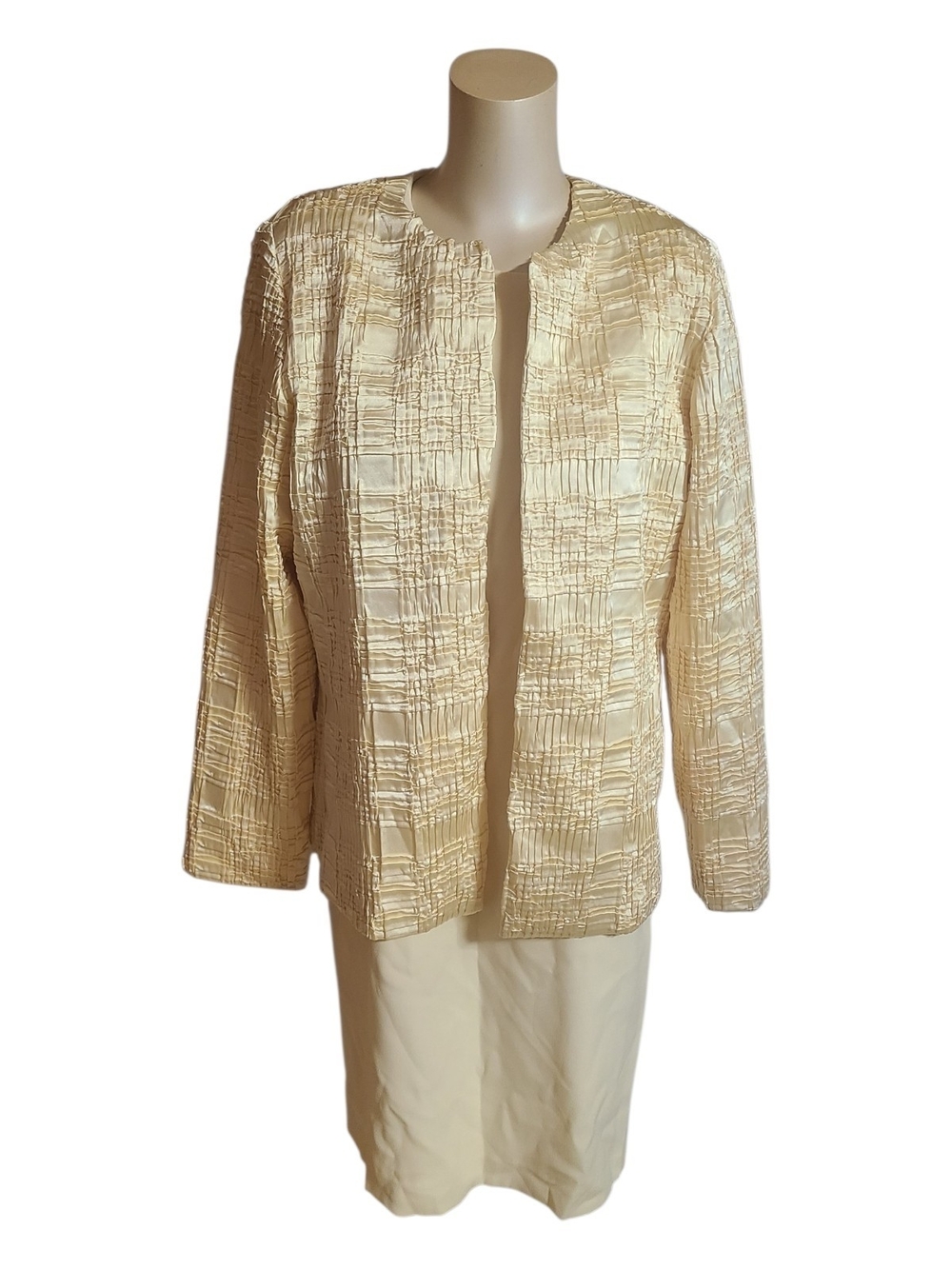 Vtg 90s Essence By Mail Dress Jacket Set Light Yellow Crinkle Plissé Suit 10